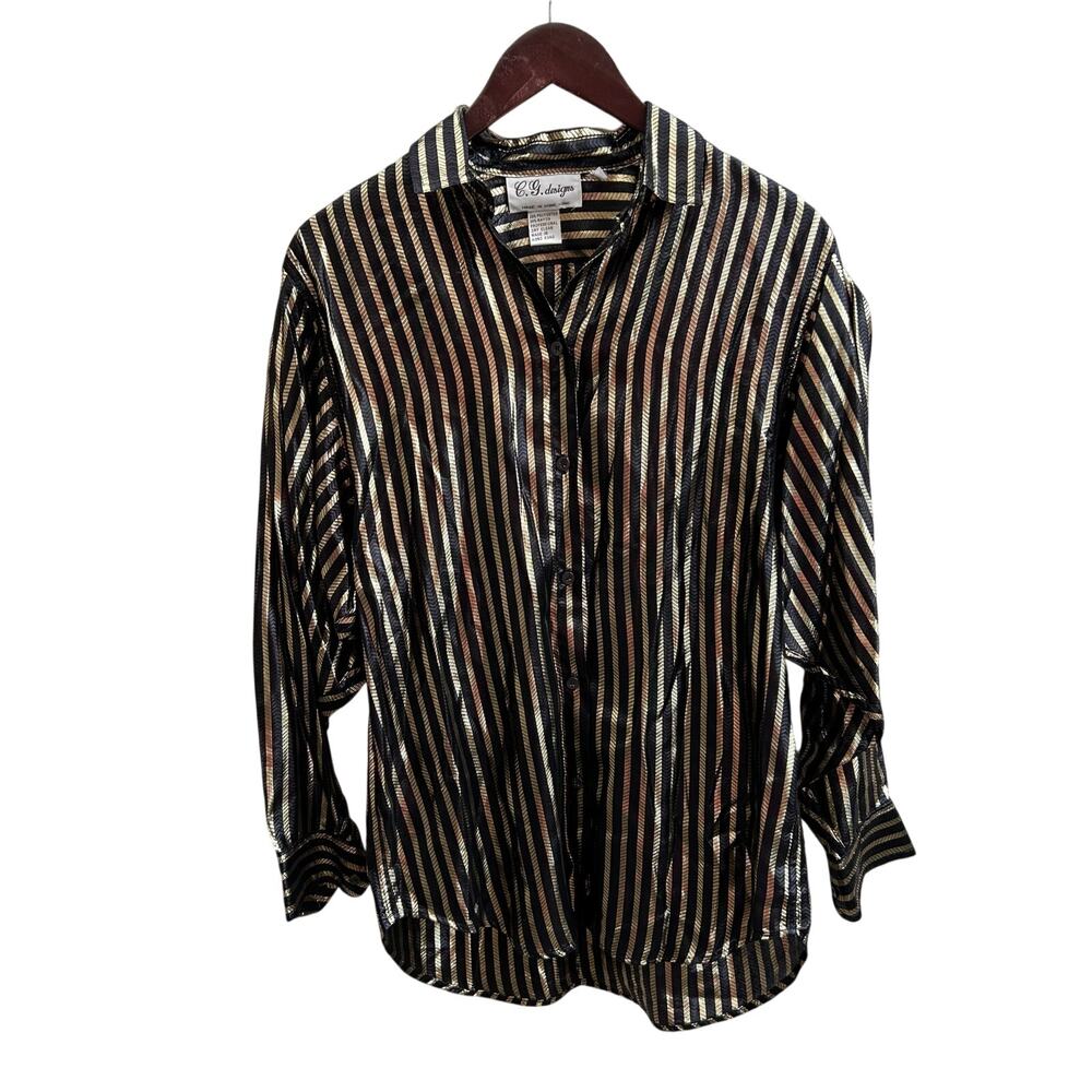 Vintage Gold Lamé Black Stripe Blouse Size Medium